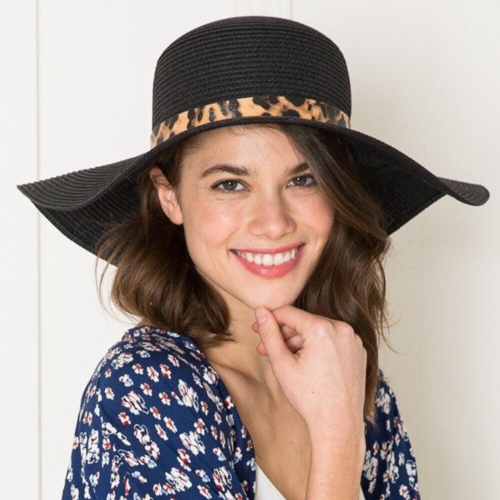 Black Straw Sun Hat with Leopard Print Band